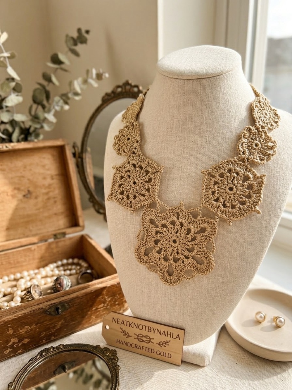 Gold Metallic Crochet Statement Necklace Lace Bib Collar